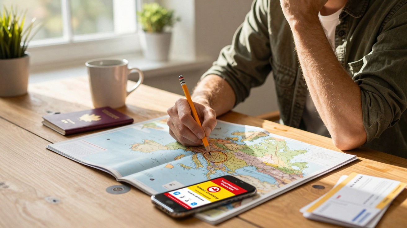 Pessoa marcando destino em mapa aberto sobre mesa, com passaporte, celular e documentos ao lado.