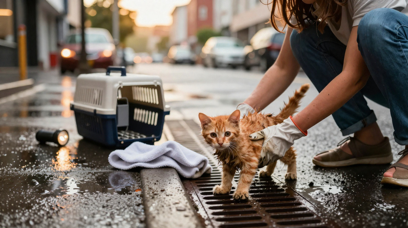 Pessoa de luvas segurando gato molhado perto de caixa de transporte e toalha na calçada molhada
