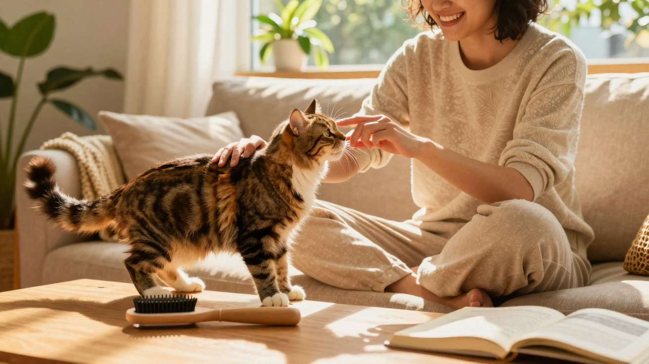 Mulher sorrindo acaricia gato marrom em sala iluminada, com livro aberto e escova na mesa de madeira.