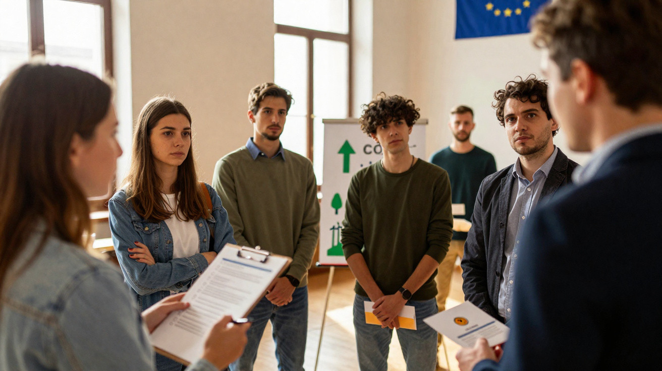 Grupo de jovens em reunião em sala clara, duas pessoas seguram pranchetas e discutem com atenção.
