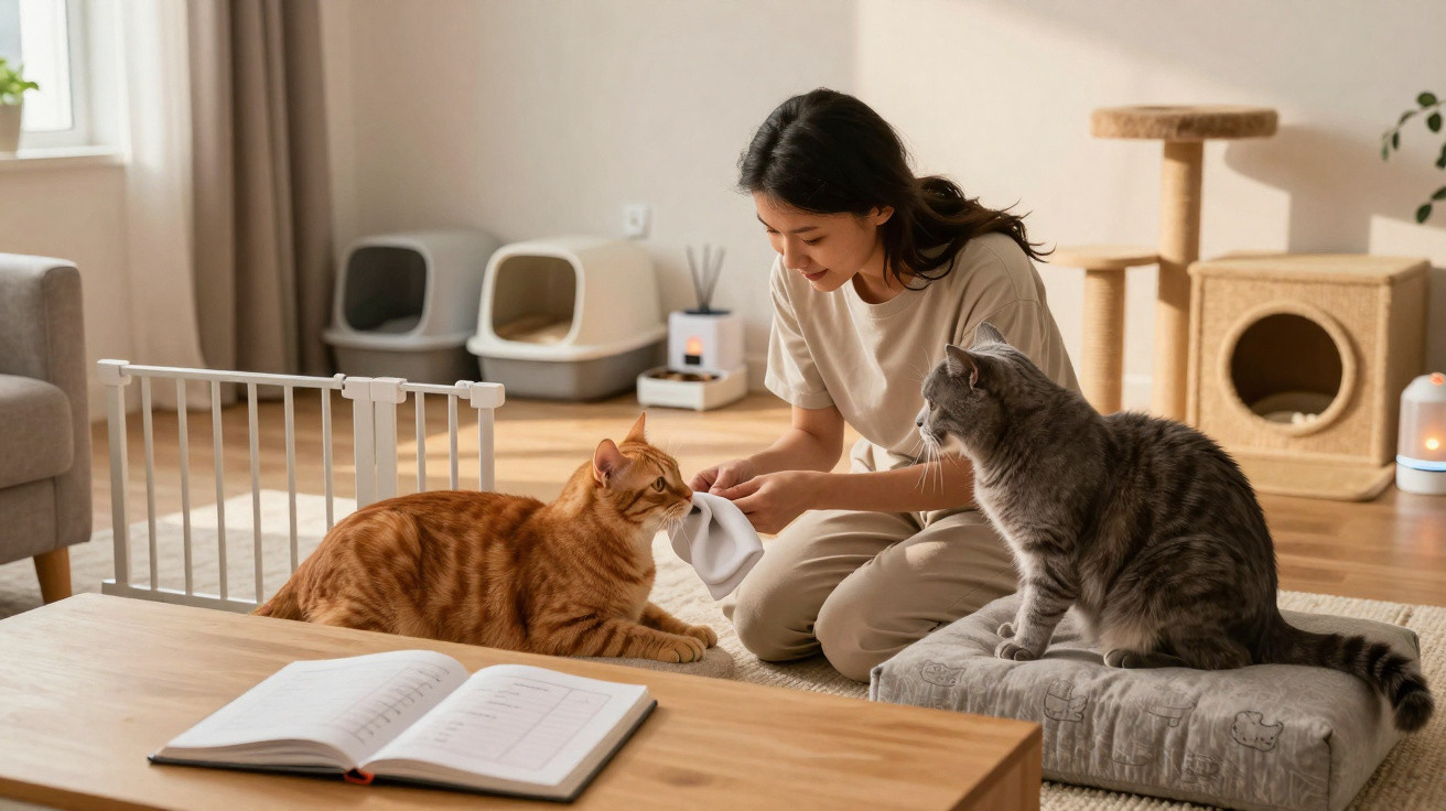 Mulher interage com dois gatos em sala iluminada, com móveis e caixas de areia ao fundo.
