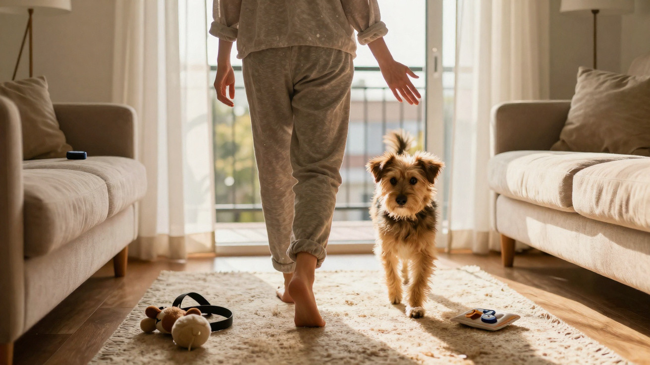 Pessoa descalça caminhando na sala com cachorro pequeno próximo em ambiente iluminado pela luz natural.