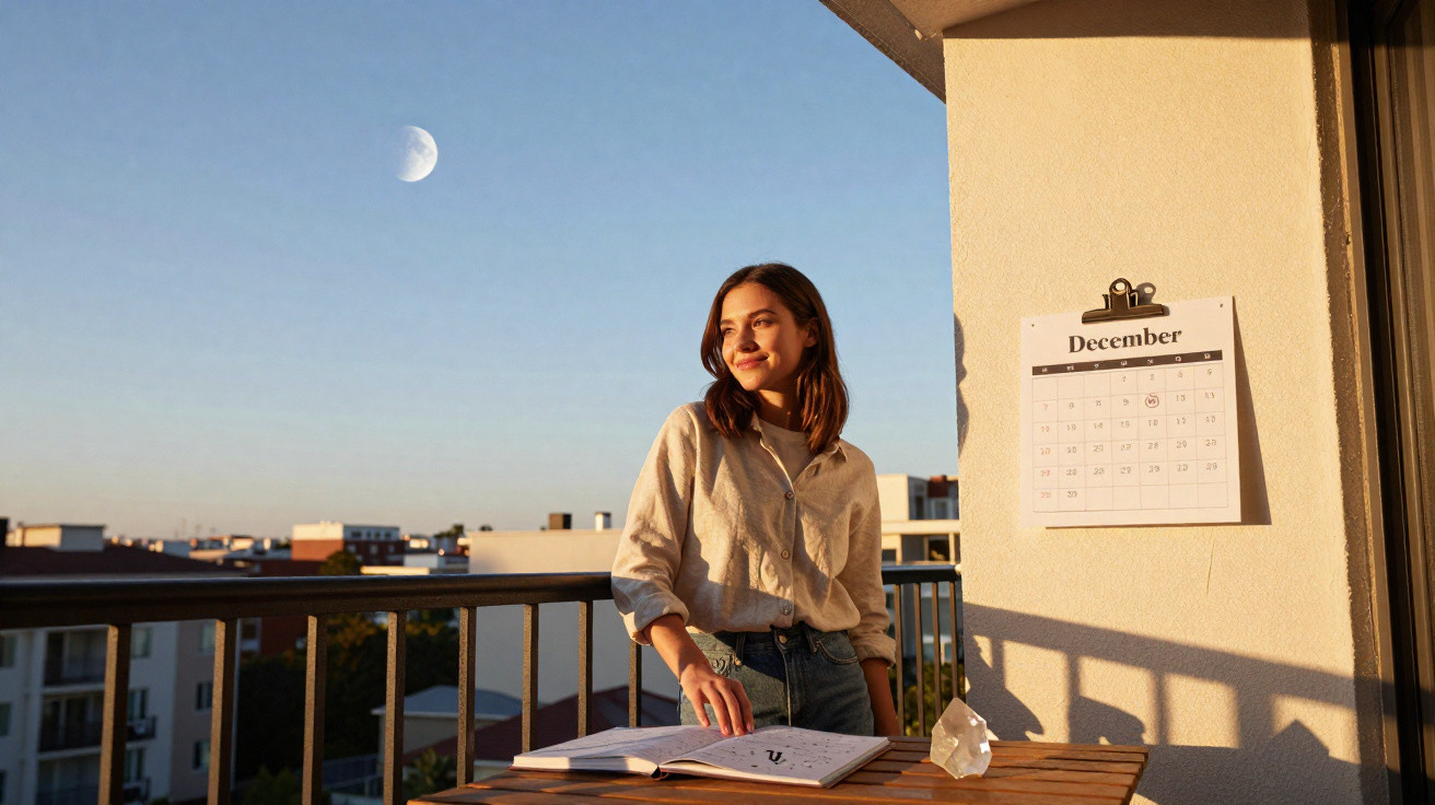 Mulher em varanda durante o pôr do sol, olhando para o lado, com livro aberto e calendário de dezembro na parede.