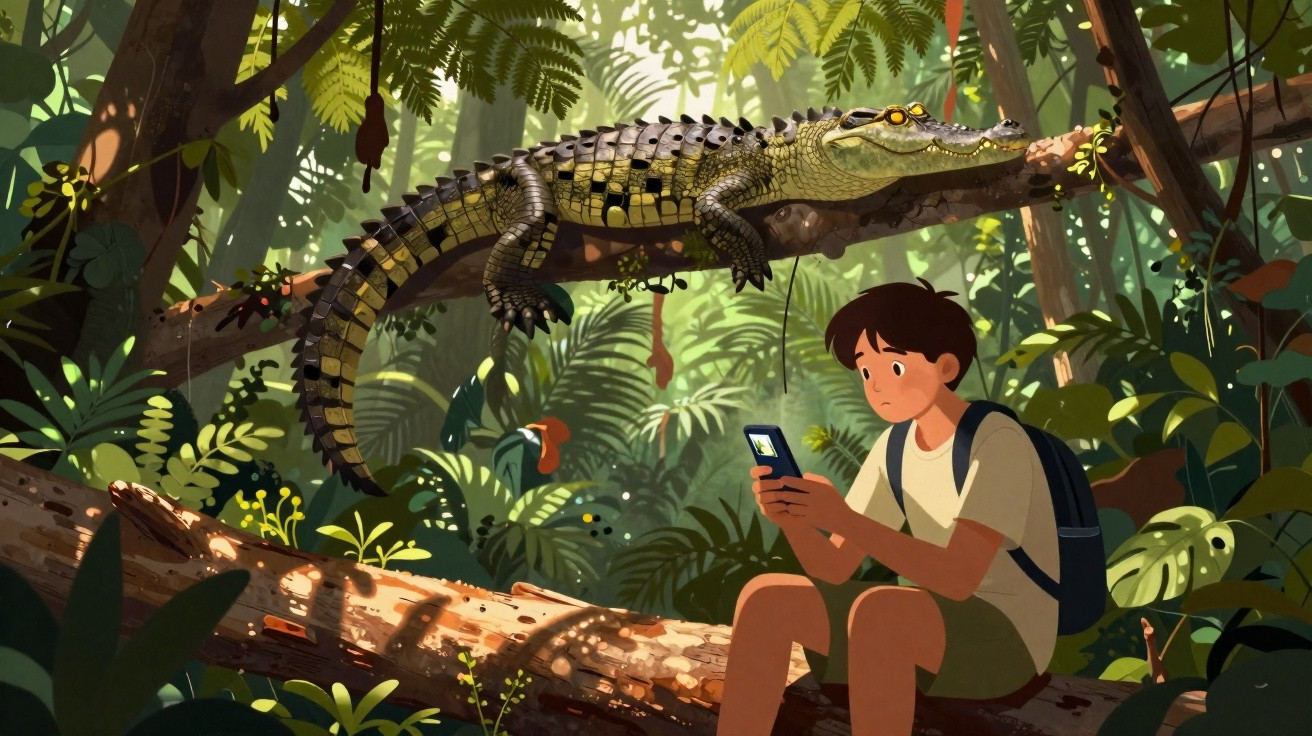Garoto sentado na floresta olha para celular enquanto crocodilo está em galho acima dele.