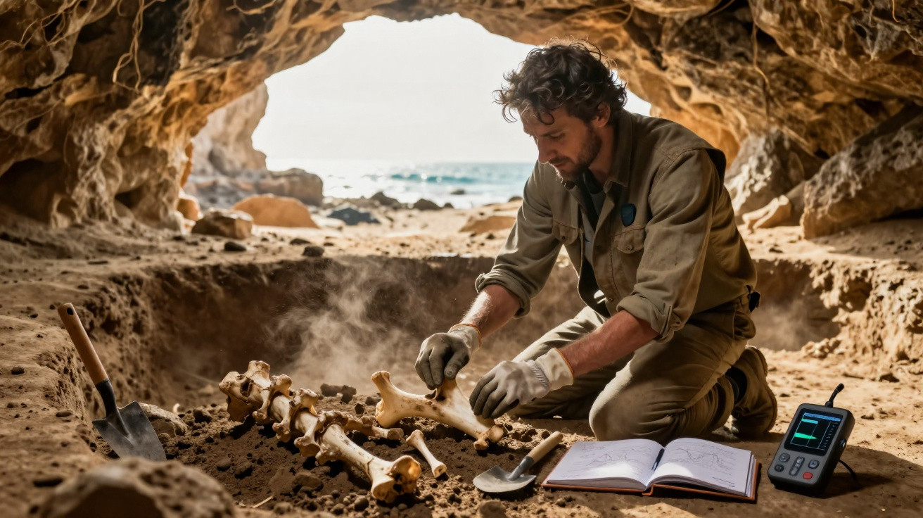 Homem escavando fósseis dentro de uma caverna próxima à praia, analisando ossos antigos cuidadosamente.