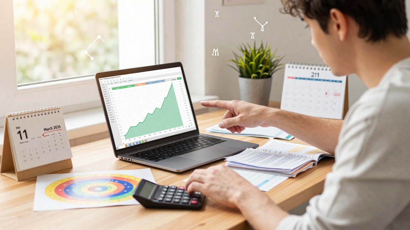 Homem analisando gráfico de crescimento no laptop com calculadora e calendário em mesa de madeira.
