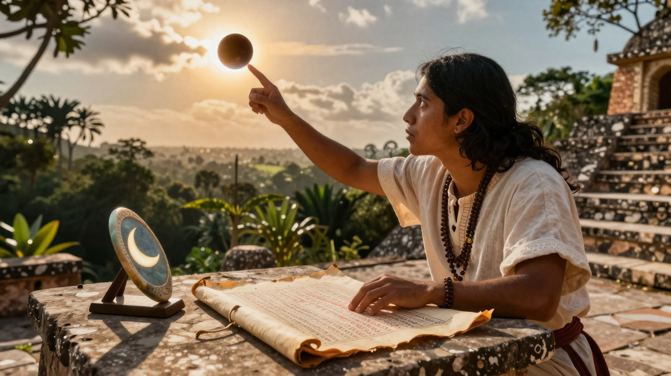 Jovem com roupas tradicionais estuda manuscrito em mesa de pedra ao pôr do sol, tocando esfera celestial.
