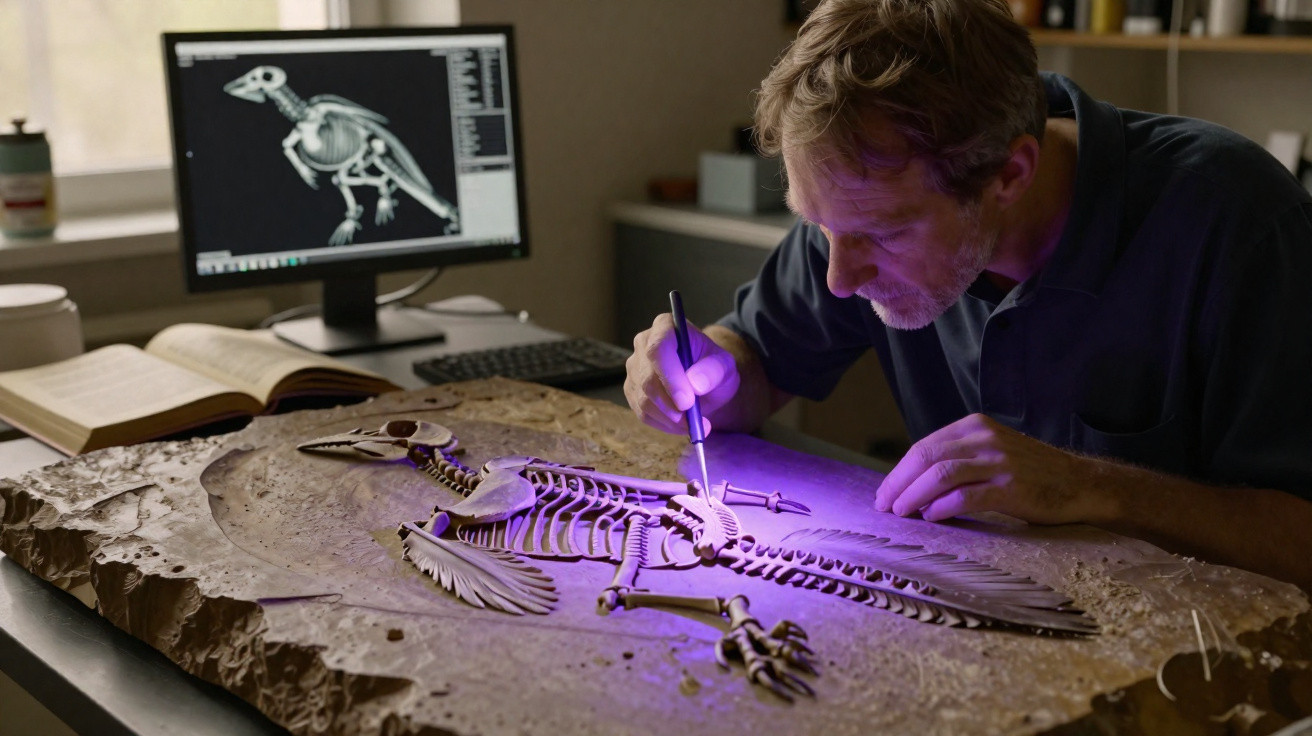 Homem analisa fóssil de esqueleto de pássaro com luz ultravioleta em mesa de laboratório.
