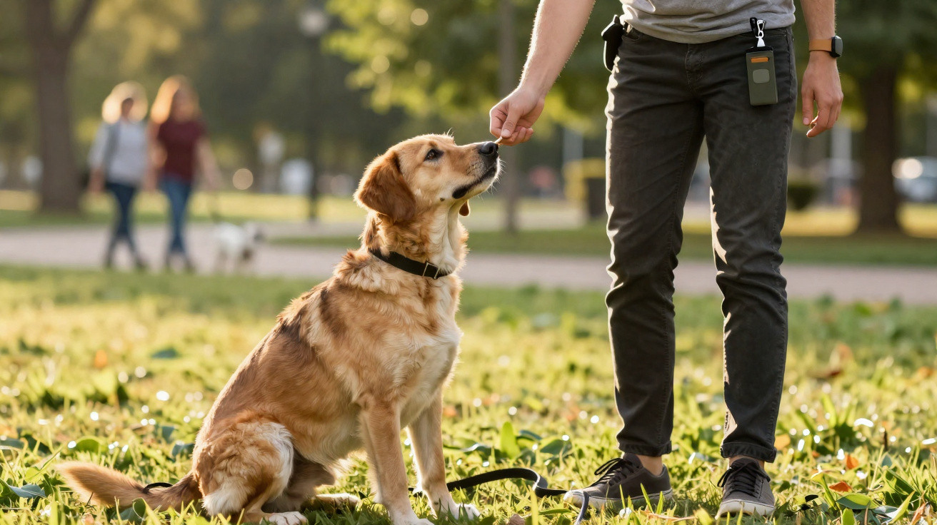 Cachorro sentado no parque obedecendo comando de pessoa com roupa casual e relógio no pulso.