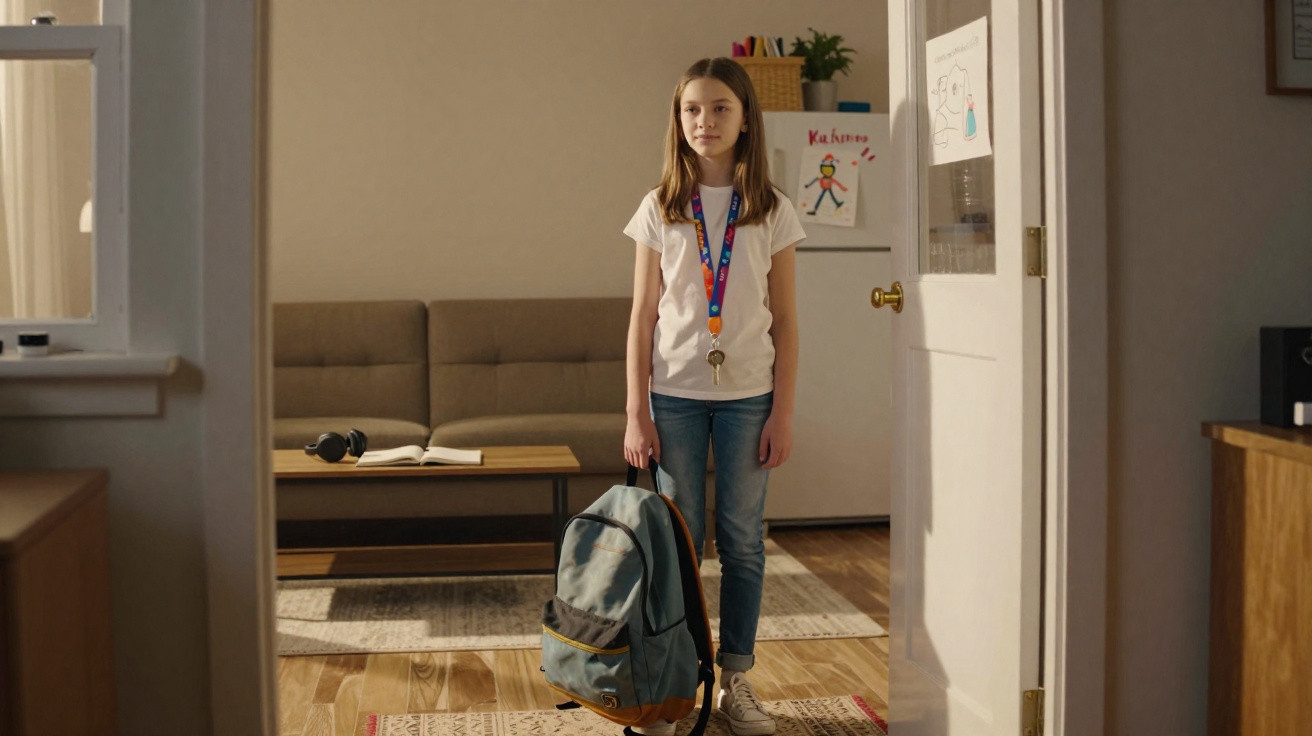 Menina de camiseta branca e jeans segura mochila com medalha no pescoço em sala iluminada.