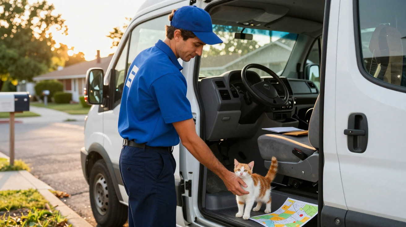Carteiro acariciando um gato laranja dentro da van de entregas em uma rua residencial ao pôr do sol.