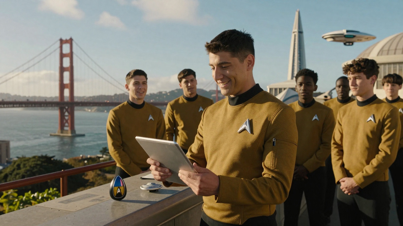 Grupo de jovens com uniformes dourados sorrindo em varanda próxima à ponte Golden Gate, São Francisco.