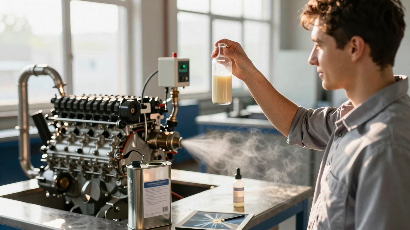 Pesquisador segura frasco com líquido em laboratório próximo a motor industrial em bancada com vapor saindo.