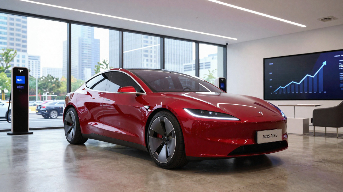 Carro elétrico esportivo vermelho estacionado em showroom moderno com janelas grandes e tela de gráfico ao fundo.
