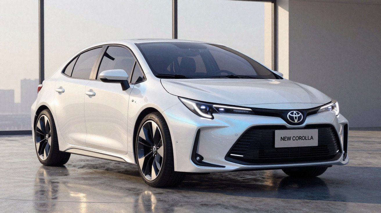 Carro sedan branco Toyota New Corolla estacionado em ambiente interno com piso refletivo.