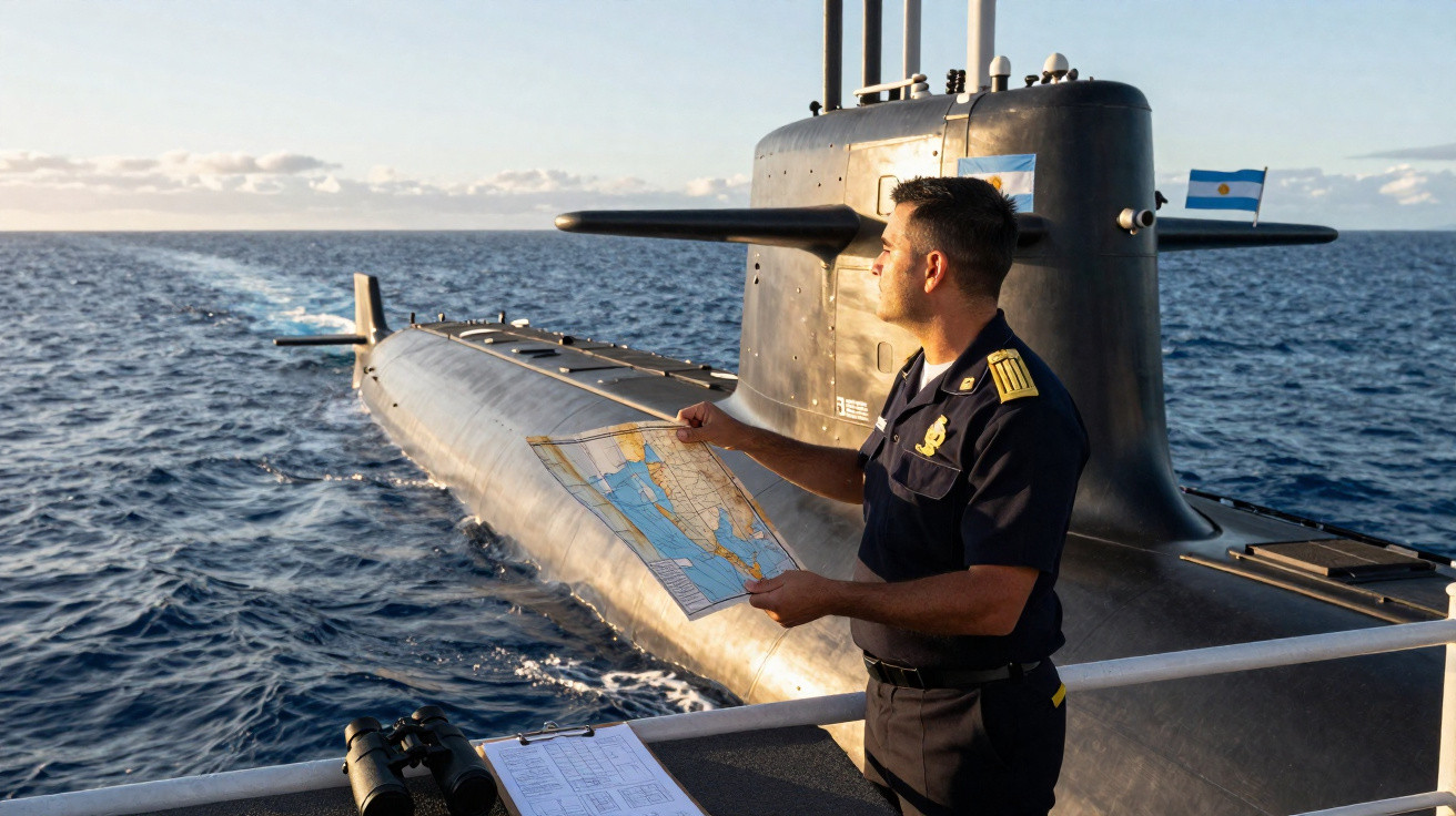 Oficial da marinha observa mapa ao lado de submarino argentino na superfície do mar ao entardecer.