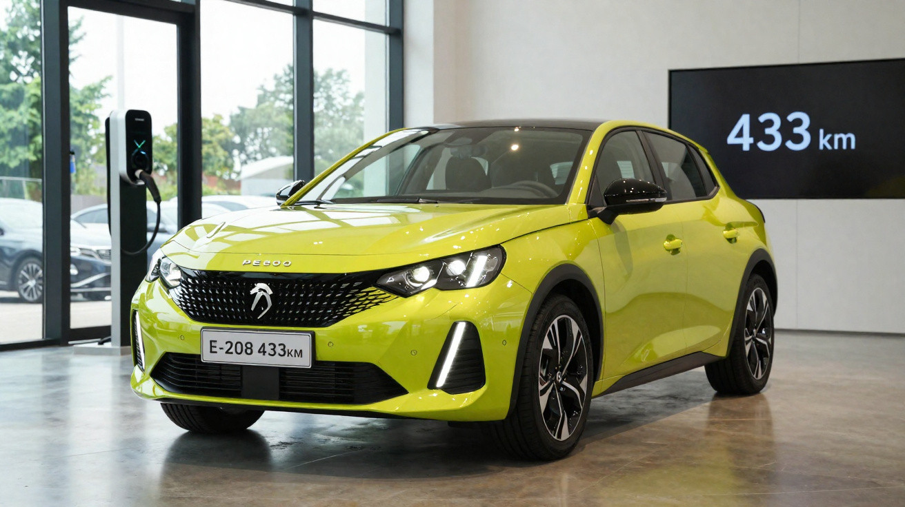 Carro elétrico Peugeot 208 amarelo conectado a carregador com autonomia de 433 km em showroom.