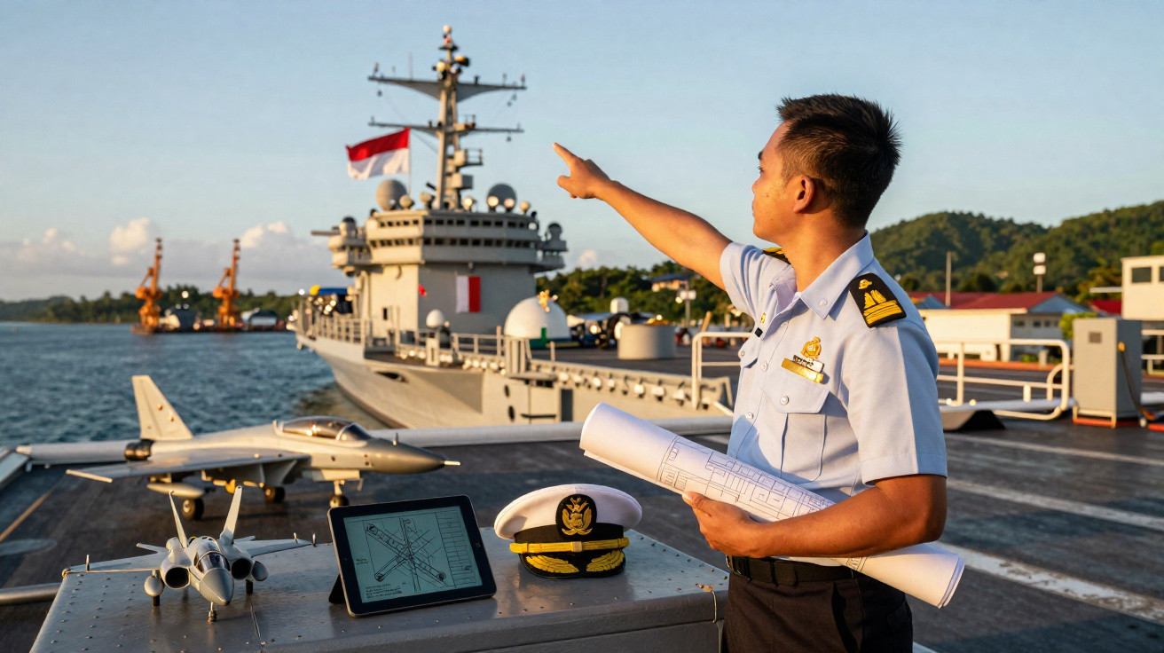 Oficial naval em convés com planta baixa, tablet, capacete e modelo de avião, apontando para navio militar.