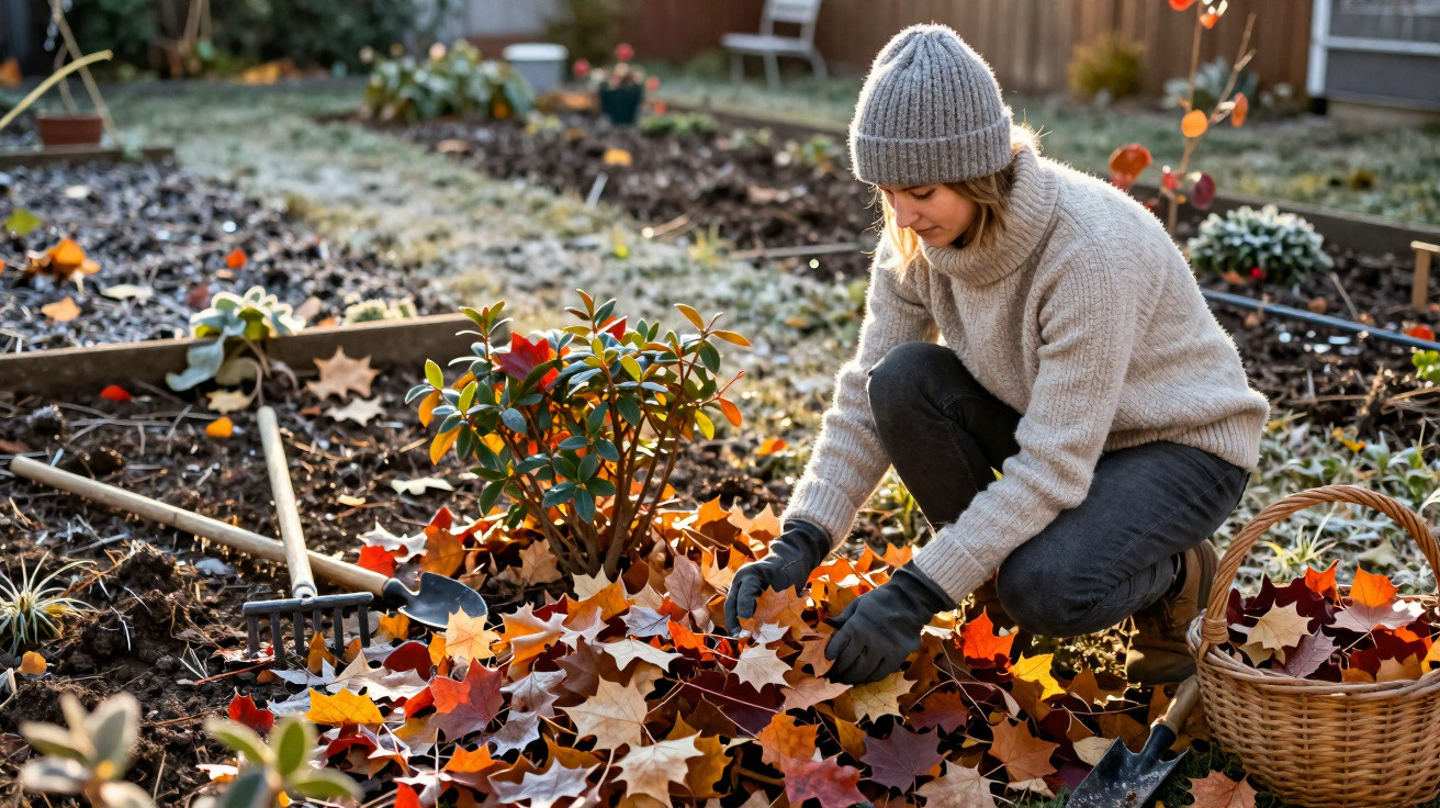 Mulher agachada recolhendo folhas secas em jardim com ferramentas de jardinagem ao redor.
