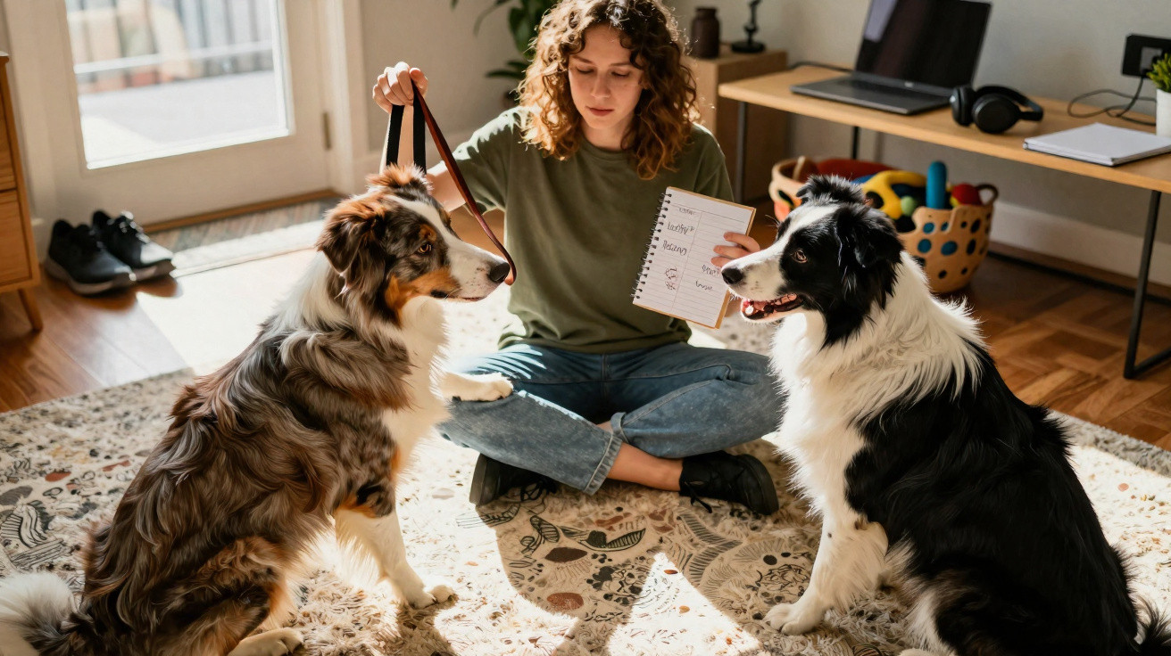 Mulher sentada no chão treinando dois cães com anotações em caderno à mão.
