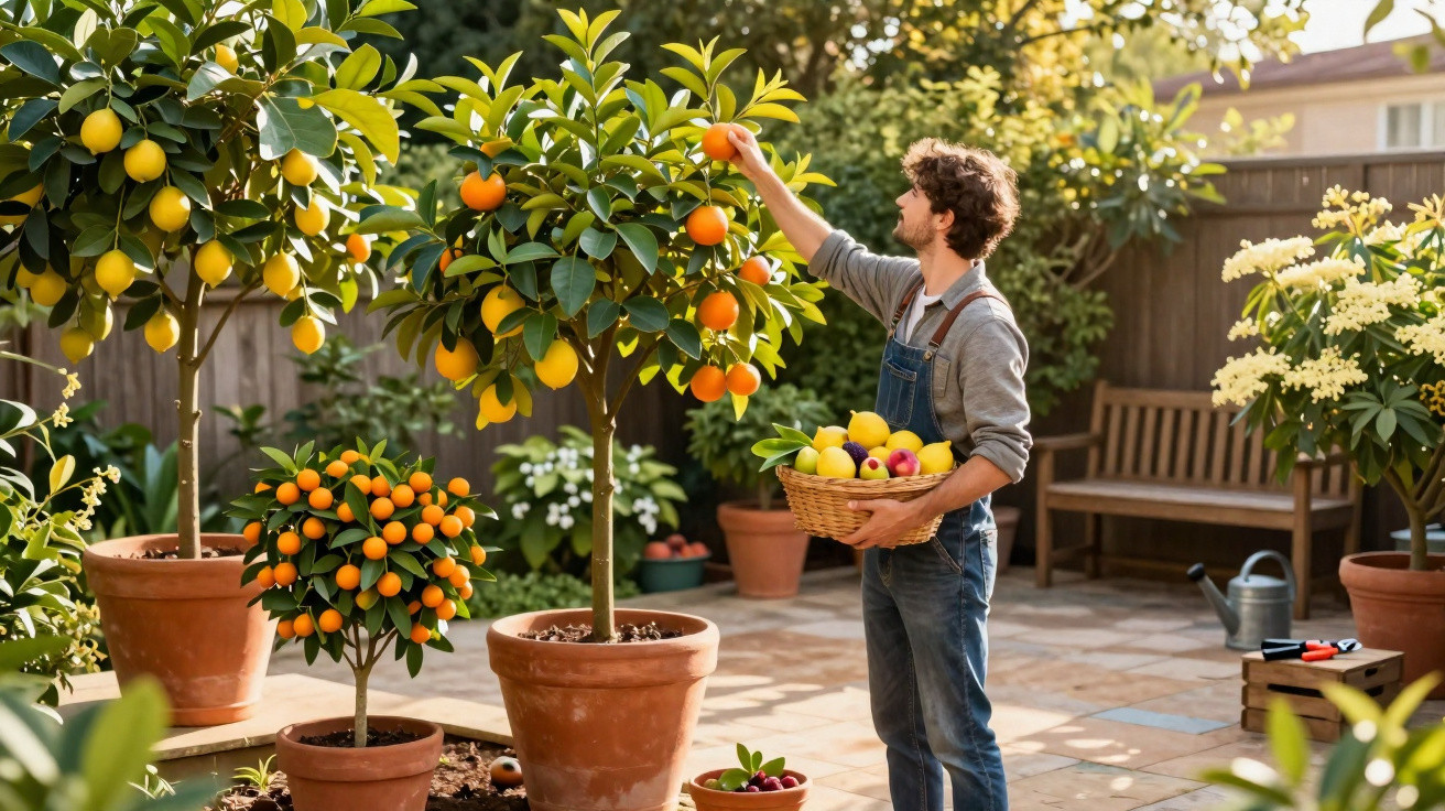 Homem colhendo frutas cítricas em vasos grandes em jardim ensolarado com plantas e banco de madeira.