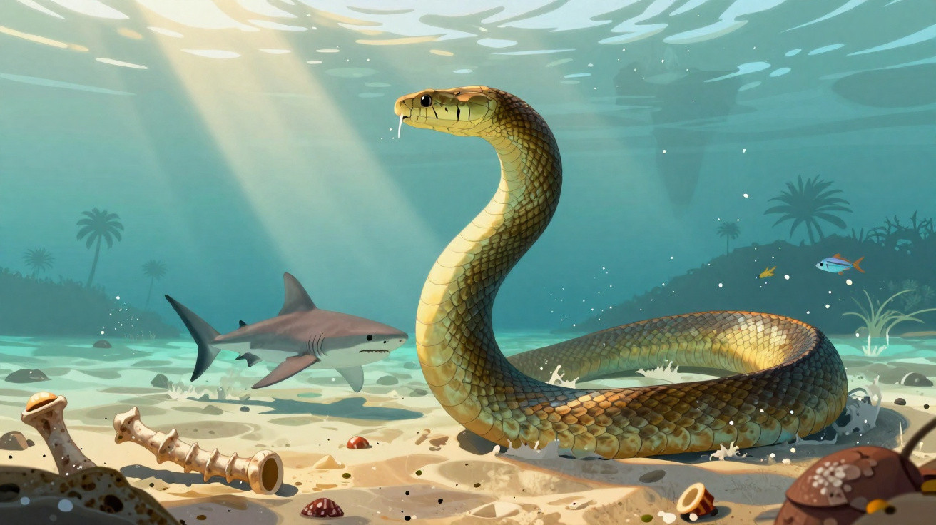Cobra gigante subaquática com tubarão e peixes ao fundo em ambiente marinho iluminado pelo sol.