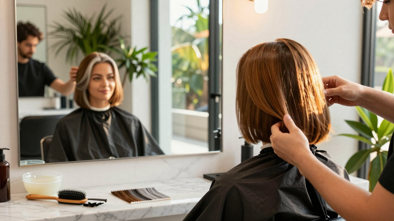 Mulher sentada em salão de beleza recebendo corte de cabelo de cabeleireiro com espelho à frente.
