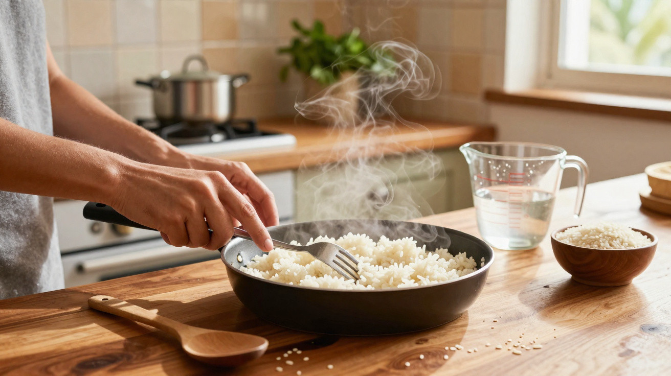Pessoa mexendo arroz branco cozido em frigideira fumegante em cozinha iluminada.