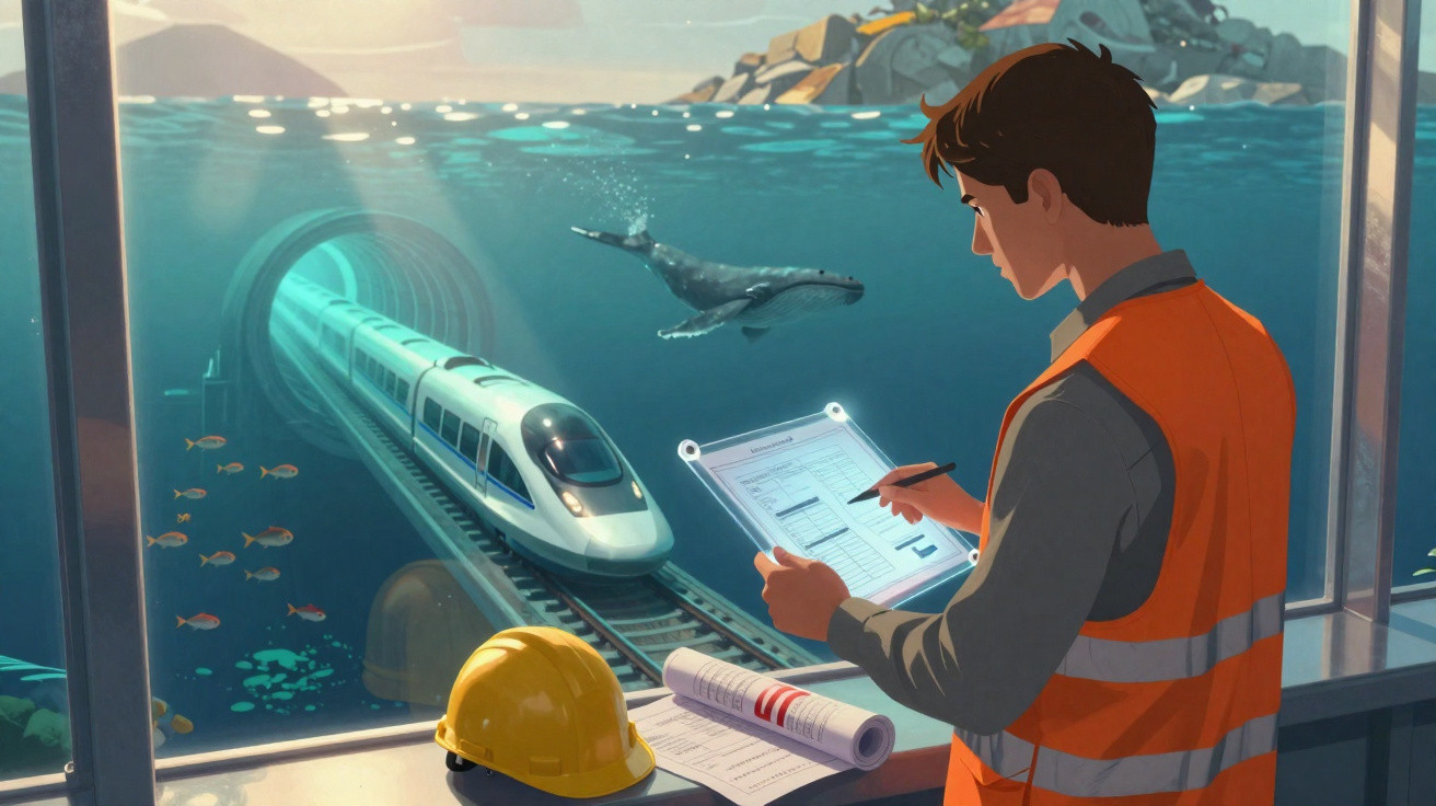 Engenheiro analisa dados perto de túnel subaquático por onde passa trem moderno, com baleia e peixes no mar.