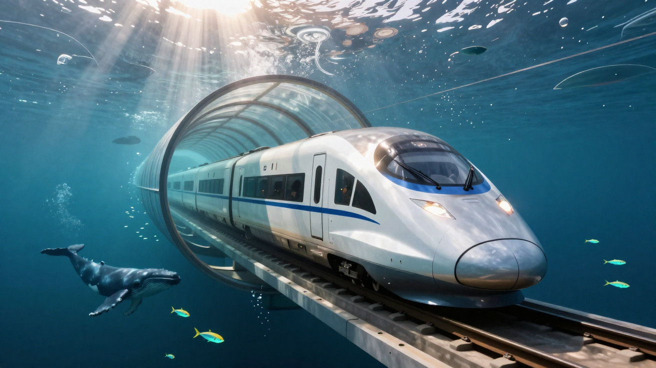 Trem moderno passando por túnel transparente submerso no oceano, rodeado por peixes e baleia.