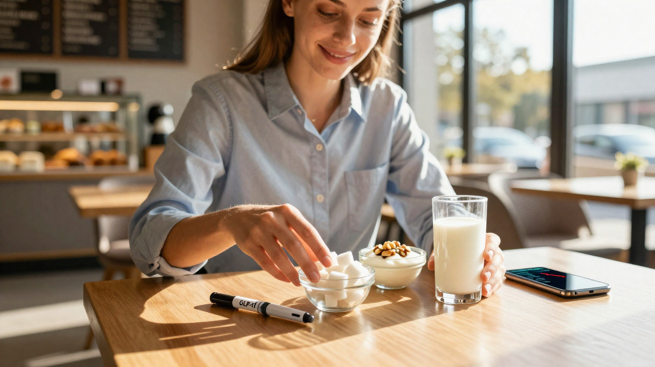 Mulher sorrindo sentada em mesa com copo de leite, tigelas de açúcar e iogurte com granola em cafeteria.