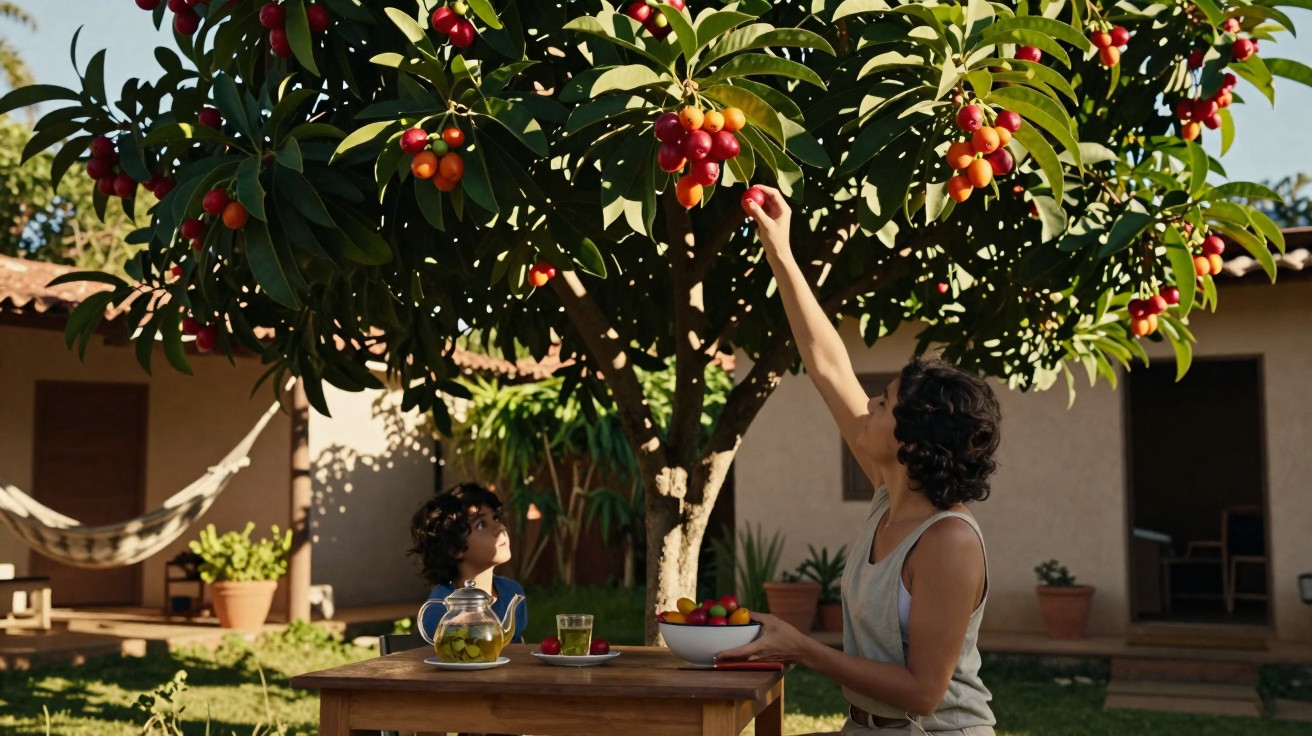 Pessoa colhendo frutas vermelhas em árvore enquanto outra criança observa sentada à mesa no quintal ensolarado.