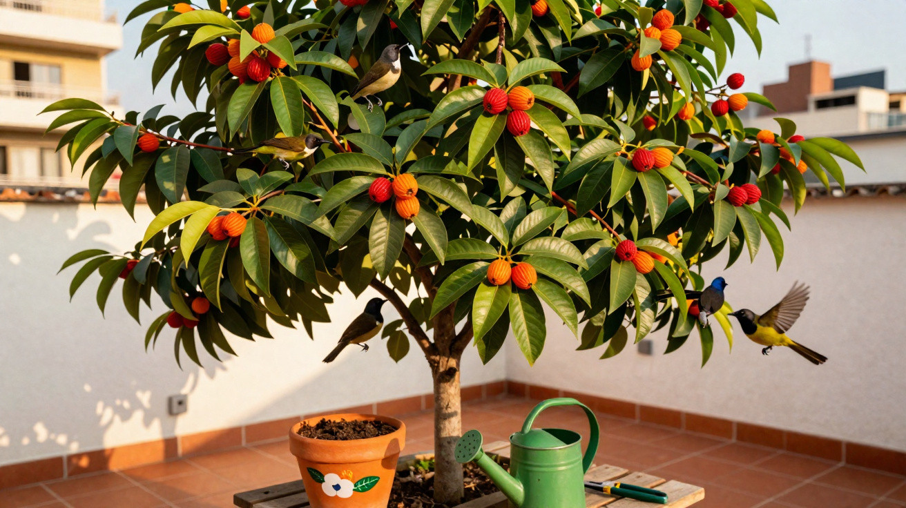 Árvore frutífera com frutos laranjas e pássaros coloridos em vaso no terraço iluminado pelo sol.