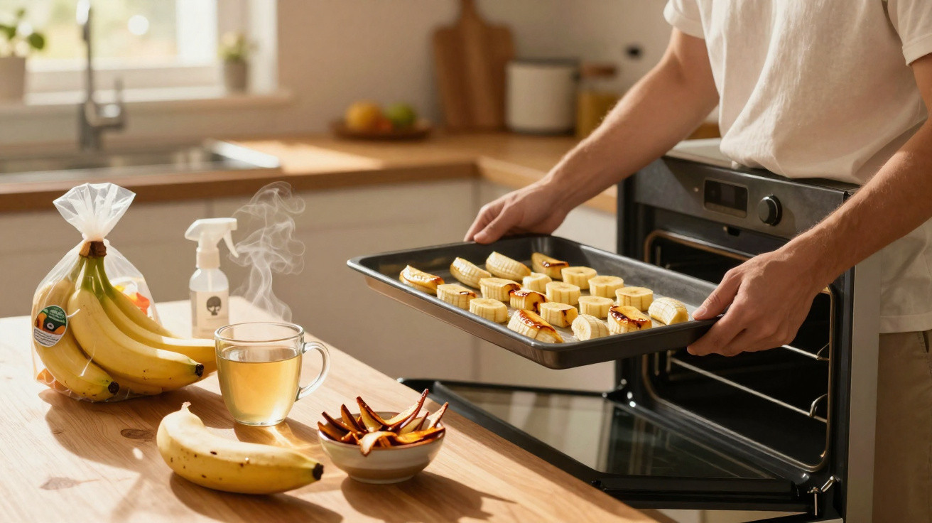 Pessoa colocando assadeira com bananas fatiadas no forno em cozinha iluminada pela luz natural.