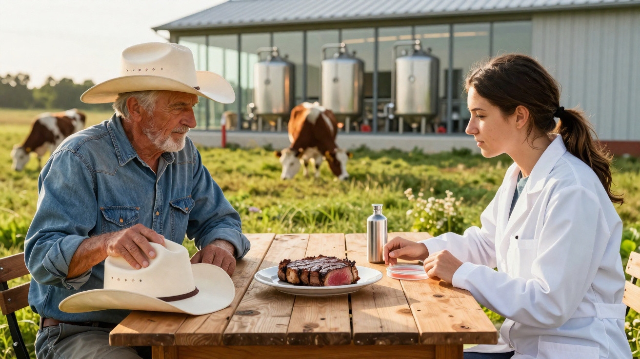 Produtor rural e cientista avaliam pedaço de carne em mesa ao ar livre com vacas ao fundo.