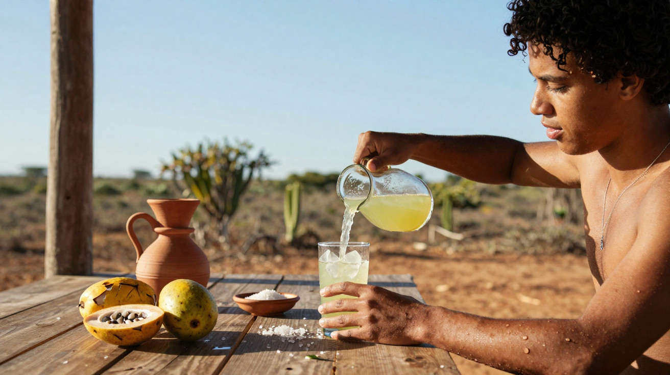 Homem derrama suco amarelo em copo sobre mesa de madeira com caju e sal em área rural seca.