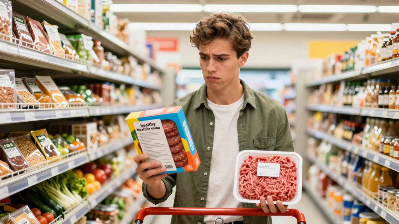 Homem em supermercado comparando embalagem de carne moída com substituto vegetal, expressão de dúvida.