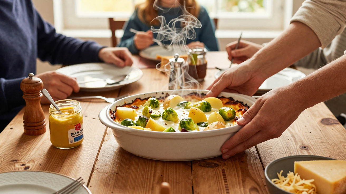 Pessoa servindo prato quente com batatas e couve-de-bruxelas à mesa de madeira com refeições.