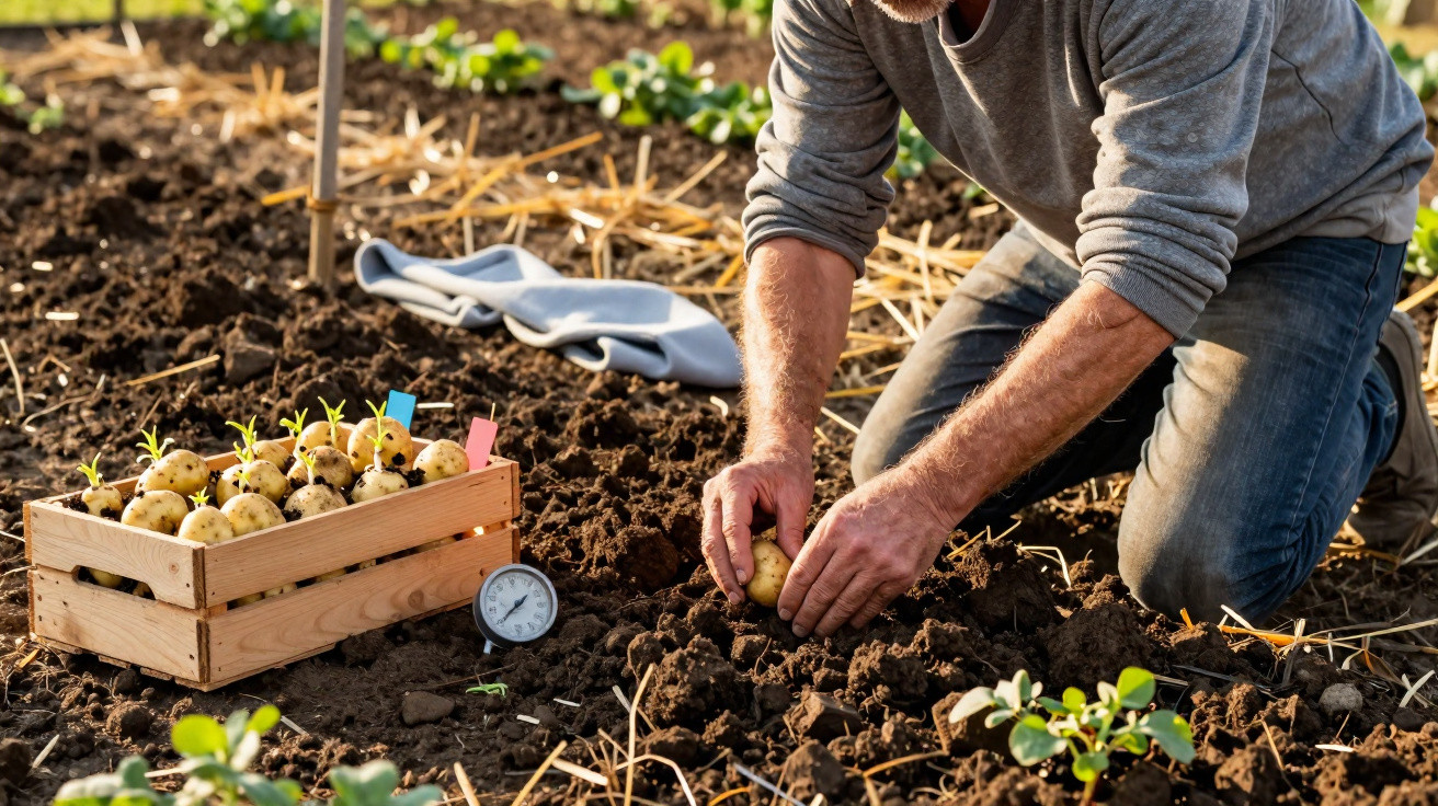 Homem ajoelhado planta batata em solo de horta com caixa de batatas germinadas ao lado.