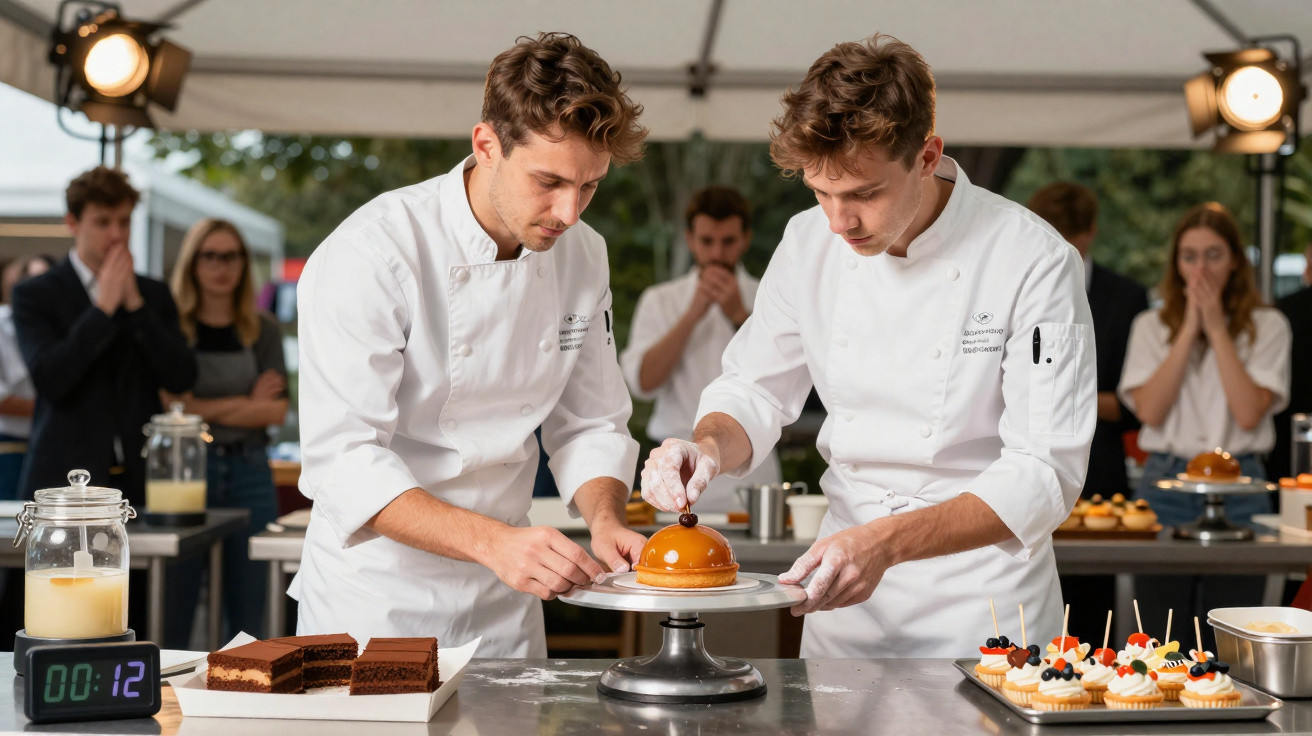 Dois chefs jovens decoram sobremesa laranja em competição culinária, com público observando ao fundo.