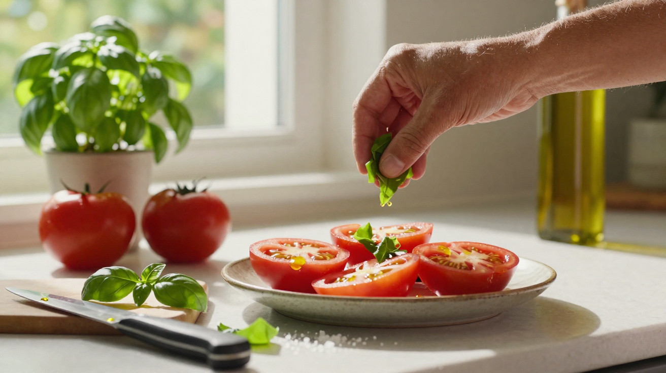 Mão acrescenta folhas de manjericão em tomate fatiado com azeite em prato na cozinha iluminada.
