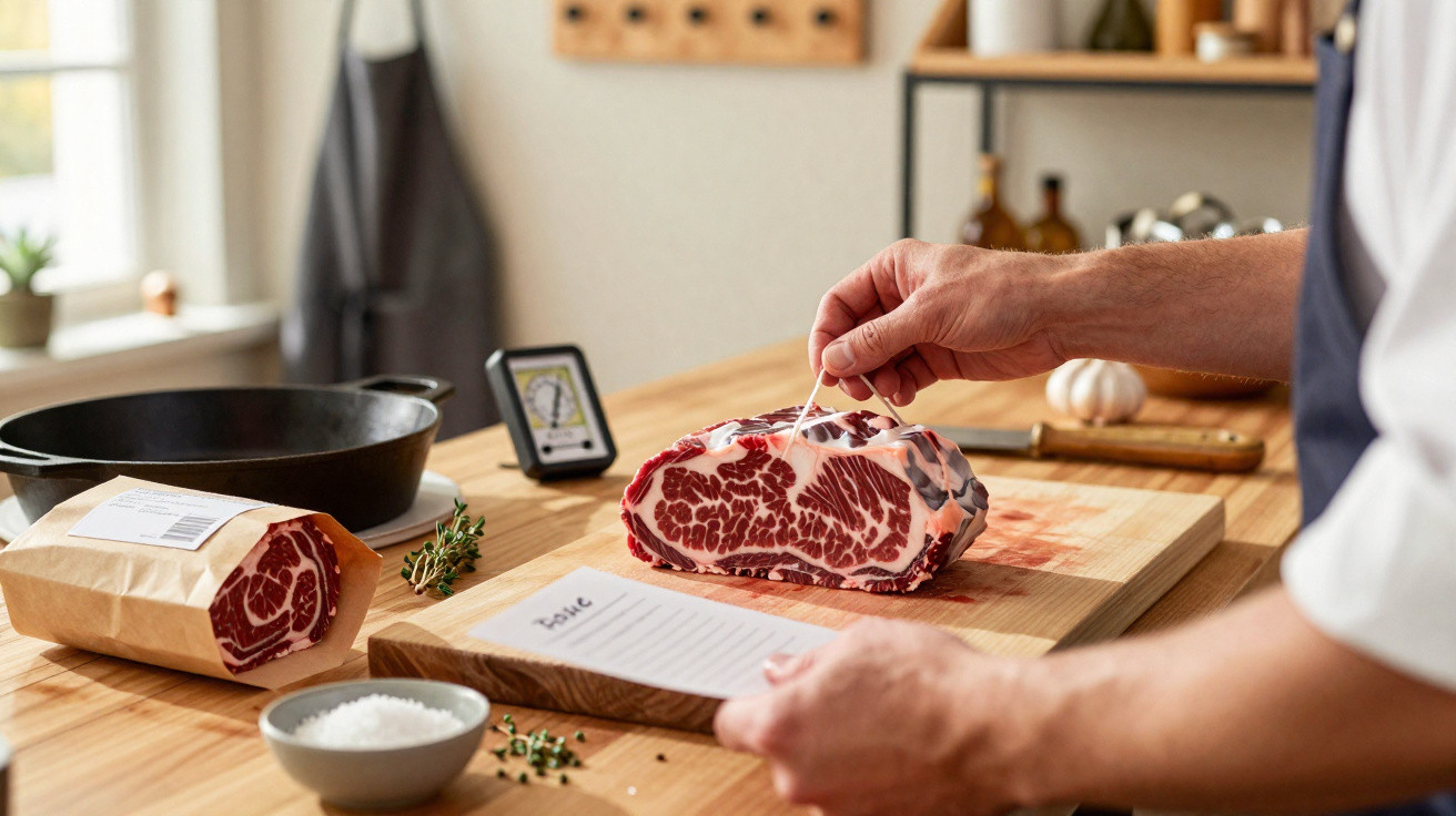 Pessoa preparando peça de carne na tábua de madeira em cozinha iluminada e organizada.