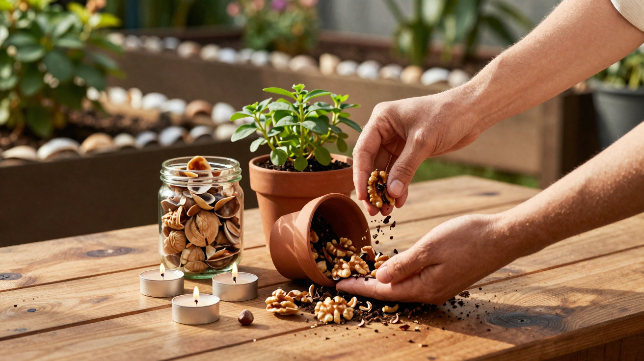 Mãos segurando sementes com vaso caído, vidro com sementes e vela sobre mesa de madeira ao ar livre.