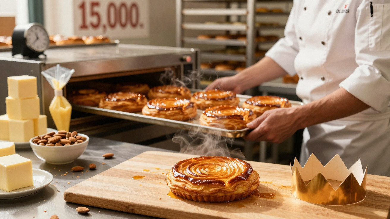 Confeiteiro retirando tortas quentes do forno em cozinha, com torta fumegante na tábua e coroa dourada ao lado.
