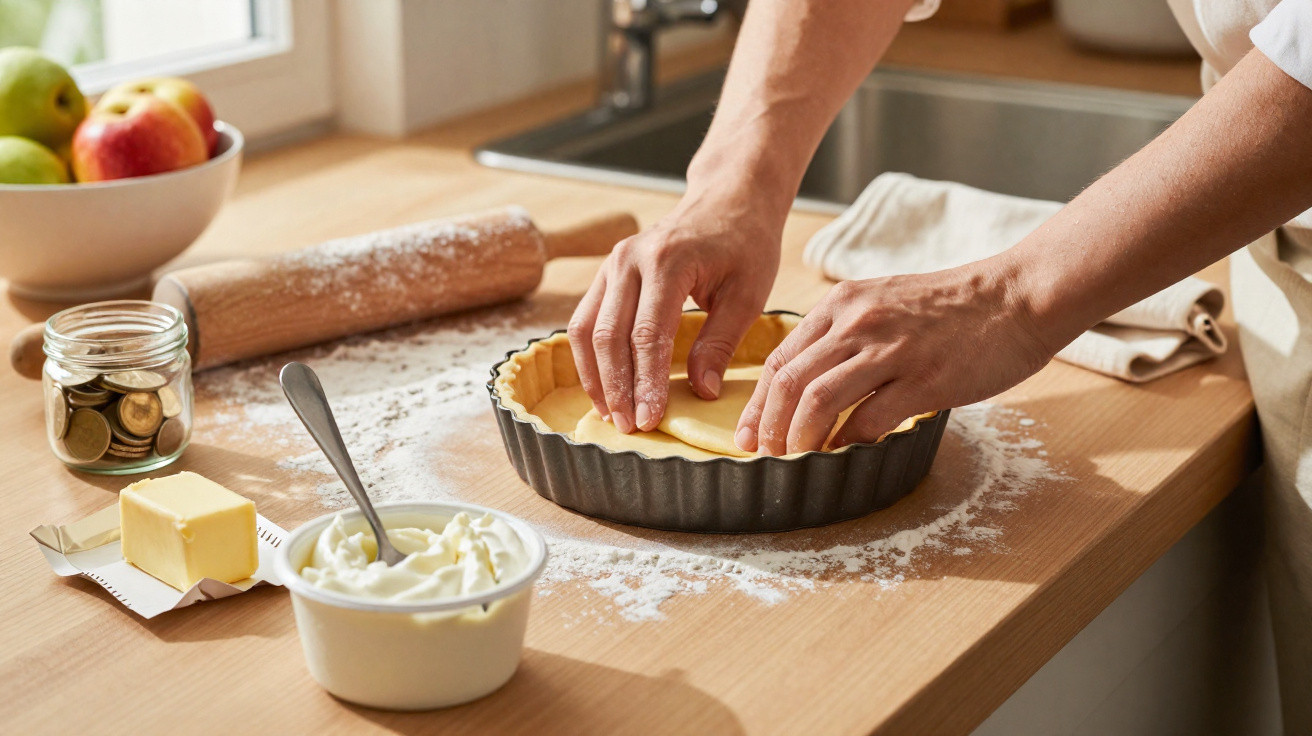 Mãos moldando massa em forma de torta em forminha, com ingredientes e rolo de massa sobre bancada.