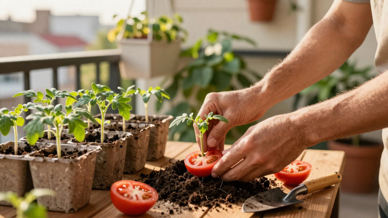 Mãos plantando mudas de tomate em tomate cortado, com terra e ferramentas de jardinagem em mesa.