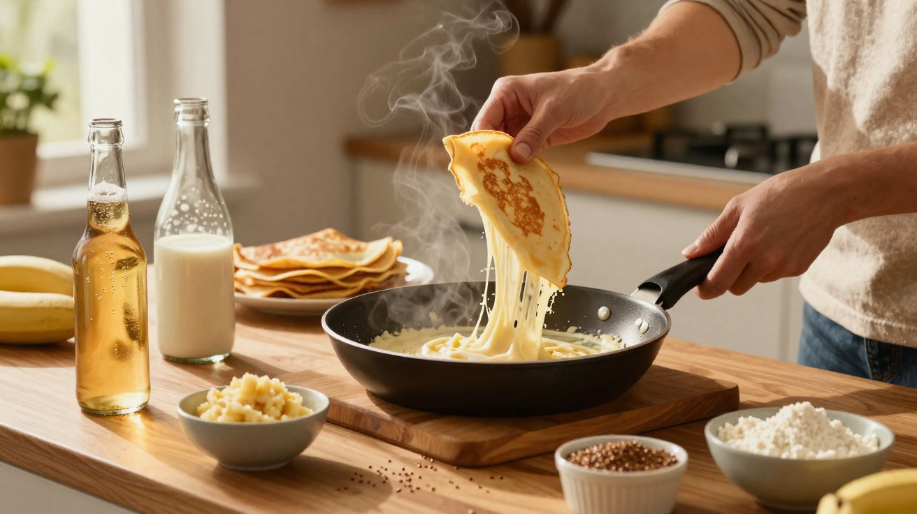 Pessoa preparando panqueca com queijo derretido em frigideira numa cozinha iluminada e aconchegante.