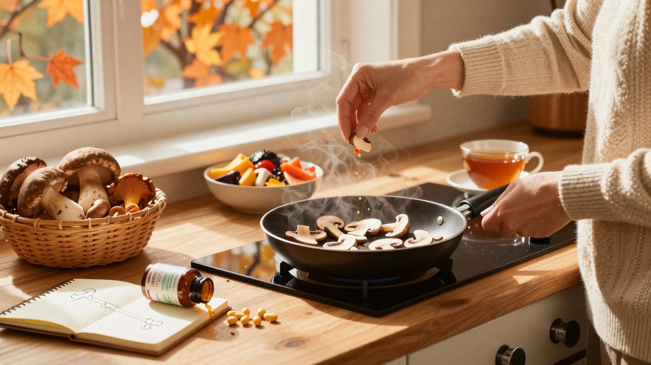 Pessoa temperando cogumelos fatiados em frigideira na cozinha com cesta de cogumelos e chá ao fundo.