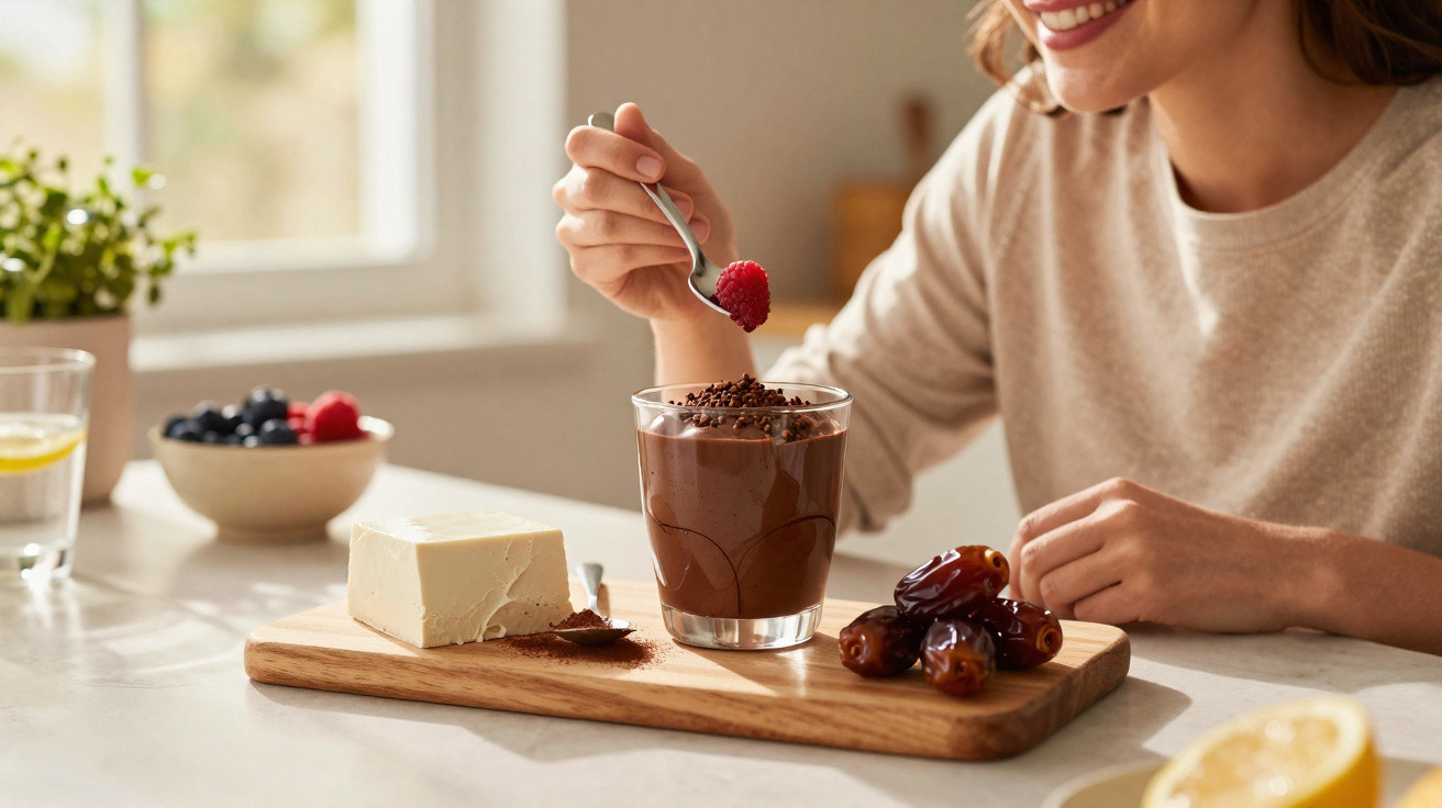Pessoa segurando colher com framboesa e chocolate cremoso em copo, ao lado de tâmaras e queijo sobre tábua.