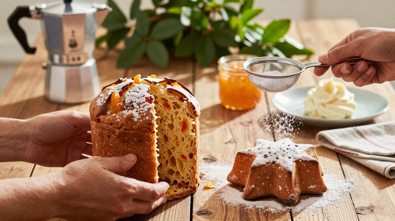 Pão doce italiano panetone com frutas ao lado de bolo em formato de estrela sendo polvilhado açúcar em mesa de madeira.